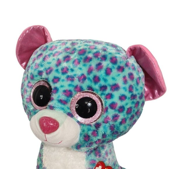 TySilk Beanie Boos Sydney for Claires Blue Spotted Leopard Cat Glitter Eye 16" - Picture 2 of 14